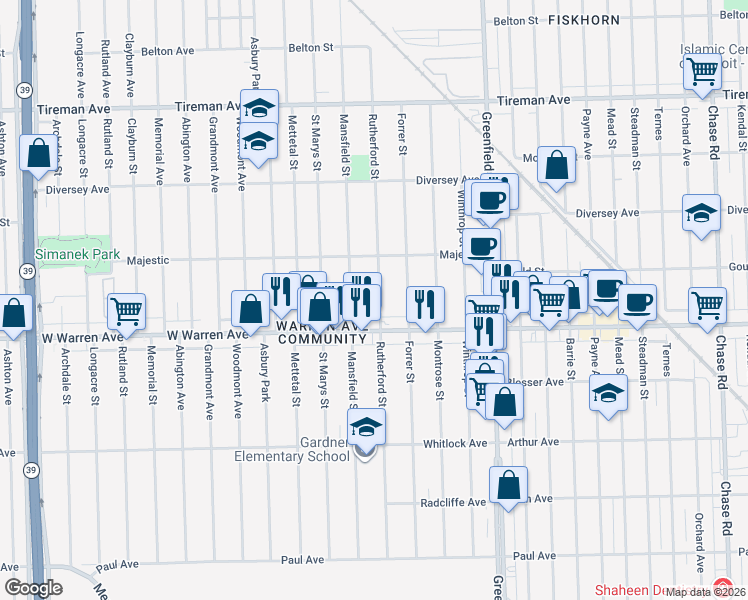 map of restaurants, bars, coffee shops, grocery stores, and more near 7300 Mansfield Street in Detroit
