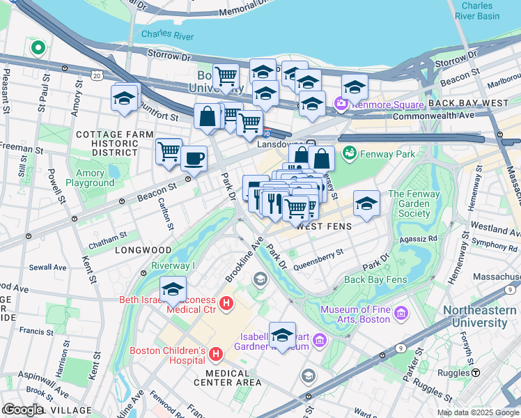 map of restaurants, bars, coffee shops, grocery stores, and more near in Boston