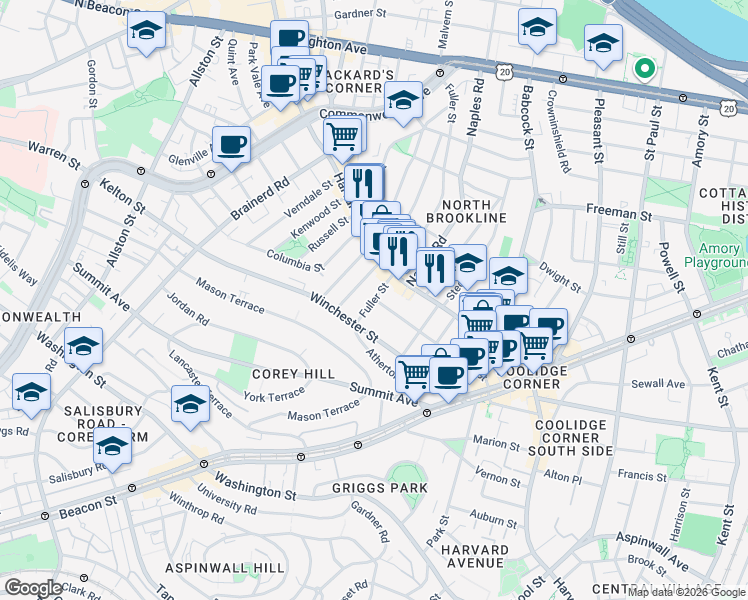 map of restaurants, bars, coffee shops, grocery stores, and more near 31 Coolidge Street in Brookline