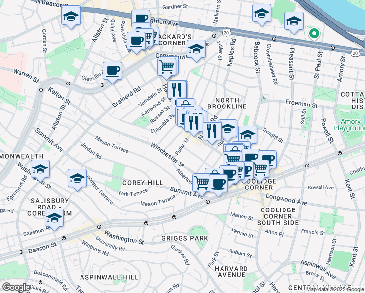 map of restaurants, bars, coffee shops, grocery stores, and more near 327 Centre Street in Brookline