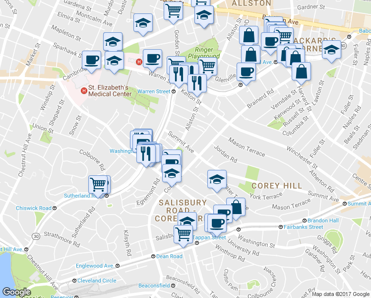 map of restaurants, bars, coffee shops, grocery stores, and more near 302 Summit Avenue in Boston