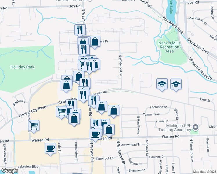 map of restaurants, bars, coffee shops, grocery stores, and more near 34464 Cowan Road in Westland