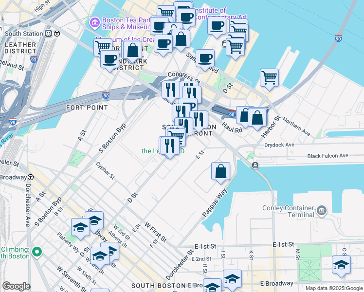 map of restaurants, bars, coffee shops, grocery stores, and more near 451 D Street in Boston