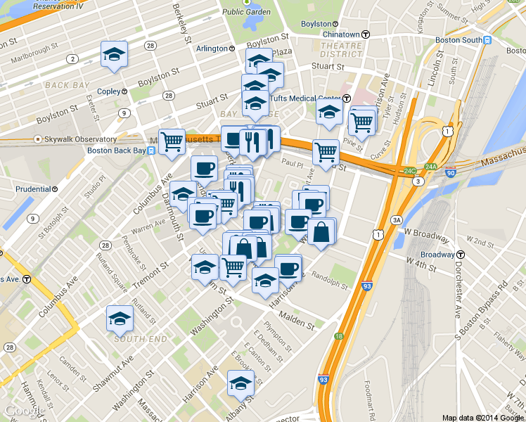 map of restaurants, bars, coffee shops, grocery stores, and more near 58 East Berkeley Street in Boston