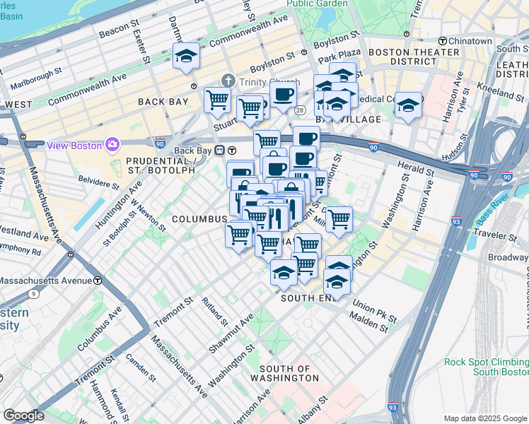 map of restaurants, bars, coffee shops, grocery stores, and more near 77 Warren Avenue in Boston