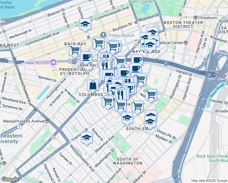 map of restaurants, bars, coffee shops, grocery stores, and more near 67 Dartmouth Street in Boston