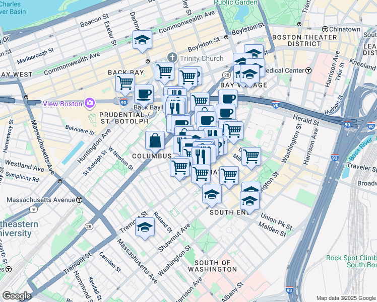 map of restaurants, bars, coffee shops, grocery stores, and more near 67 Dartmouth Street in Boston