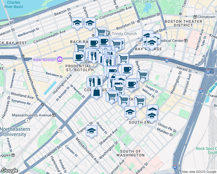 map of restaurants, bars, coffee shops, grocery stores, and more near 376-376A Columbus Avenue in Boston