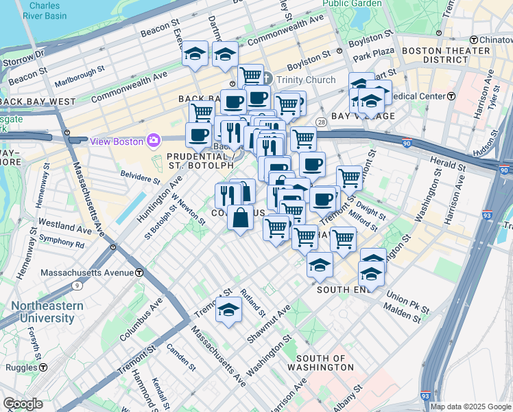 map of restaurants, bars, coffee shops, grocery stores, and more near 376-376A Columbus Avenue in Boston