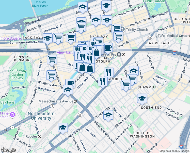 map of restaurants, bars, coffee shops, grocery stores, and more near 94 Saint Botolph Street in Boston