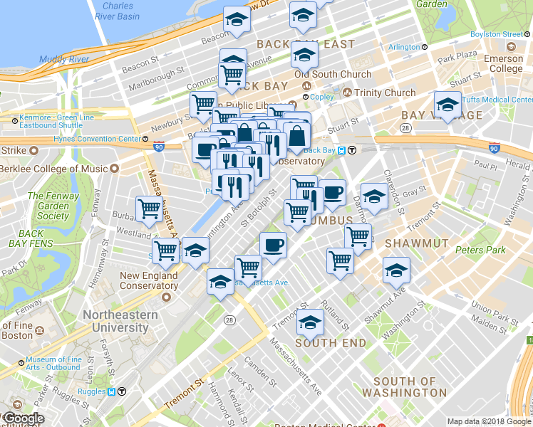 map of restaurants, bars, coffee shops, grocery stores, and more near 94 Saint Botolph Street in Boston