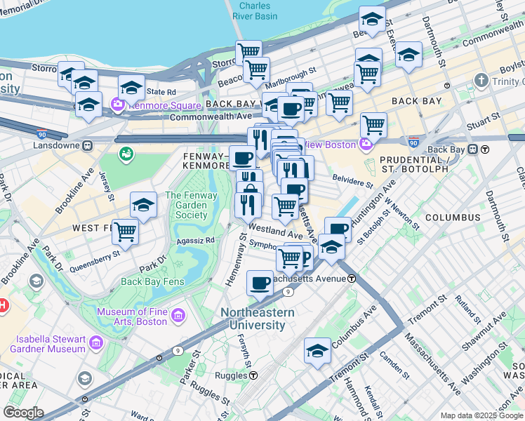 map of restaurants, bars, coffee shops, grocery stores, and more near 56-60 Hemenway Street in Boston