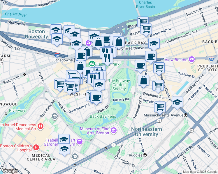 map of restaurants, bars, coffee shops, grocery stores, and more near 15 Park Drive in Boston