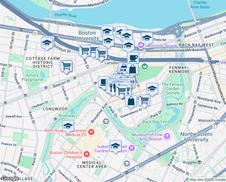map of restaurants, bars, coffee shops, grocery stores, and more near 132 Fullerton Street in Boston
