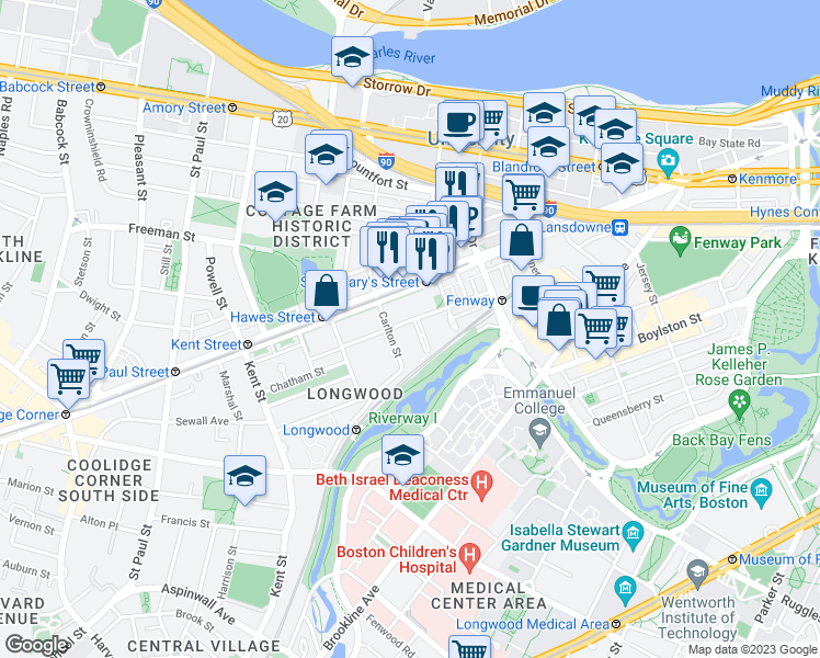 map of restaurants, bars, coffee shops, grocery stores, and more near 68a Monmouth Street in Brookline