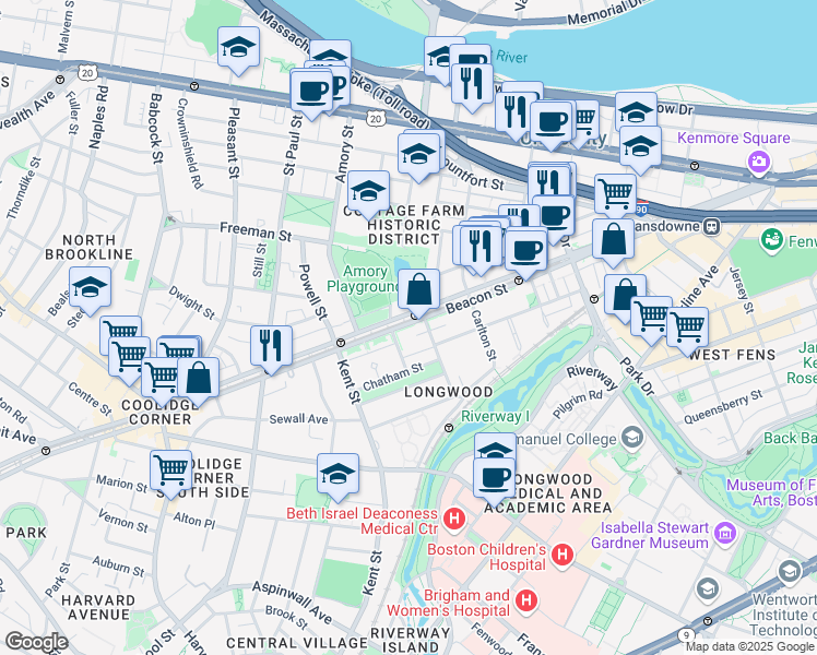 map of restaurants, bars, coffee shops, grocery stores, and more near 1110 Beacon Street in Brookline