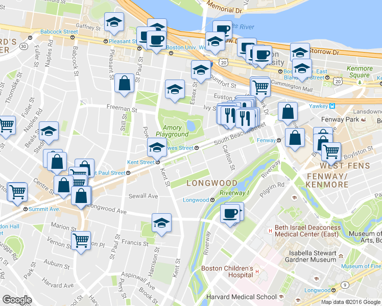 map of restaurants, bars, coffee shops, grocery stores, and more near 1110 Beacon Street in Brookline