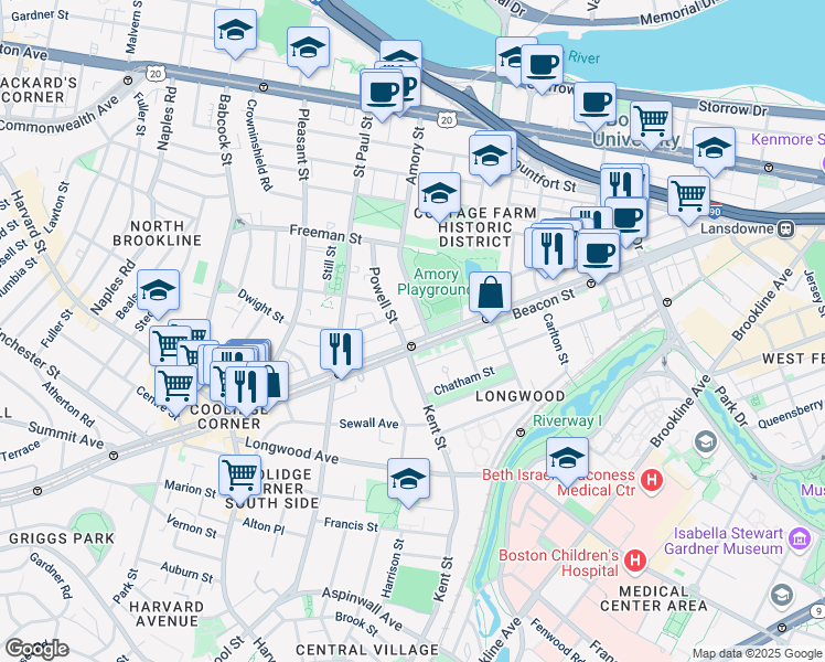 map of restaurants, bars, coffee shops, grocery stores, and more near 1140 Beacon Street in Brookline
