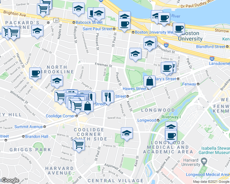 map of restaurants, bars, coffee shops, grocery stores, and more near 217 Saint Paul Street in Brookline