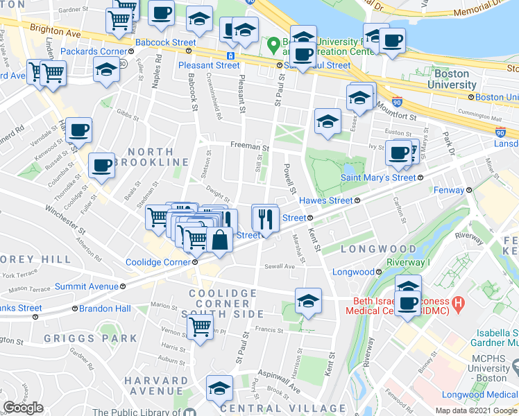 map of restaurants, bars, coffee shops, grocery stores, and more near 63 Parkman Street in Brookline