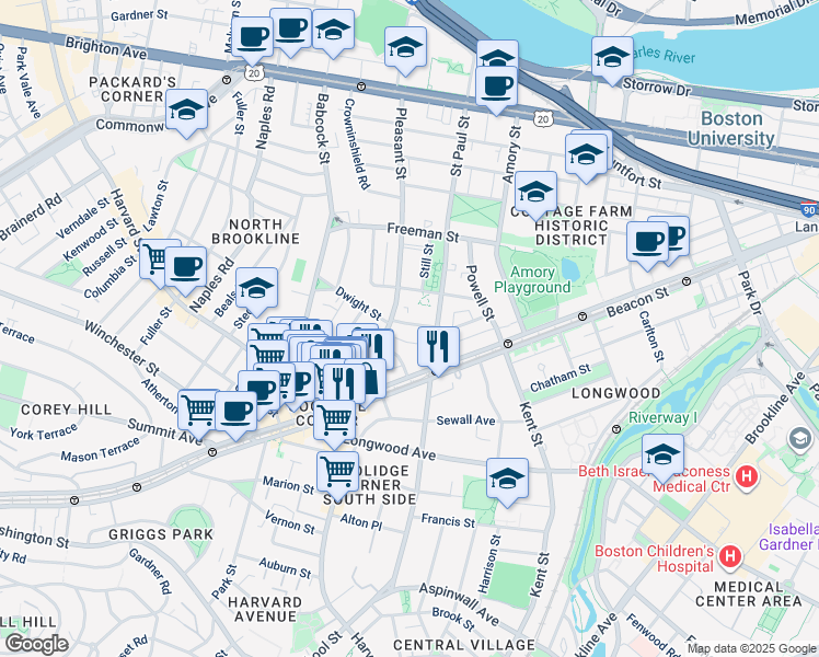 map of restaurants, bars, coffee shops, grocery stores, and more near 63 Parkman Street in Brookline