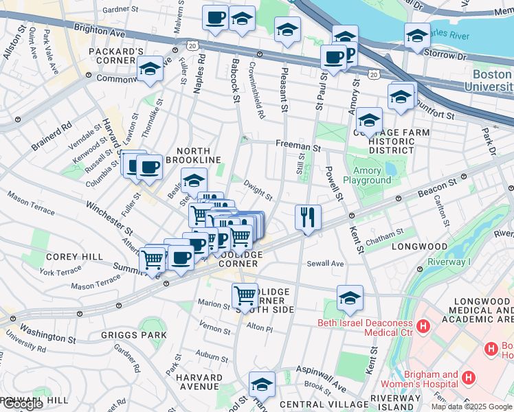 map of restaurants, bars, coffee shops, grocery stores, and more near 15 Dwight Street in Brookline