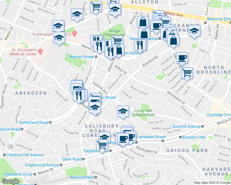 map of restaurants, bars, coffee shops, grocery stores, and more near 246 Corey Road in Boston