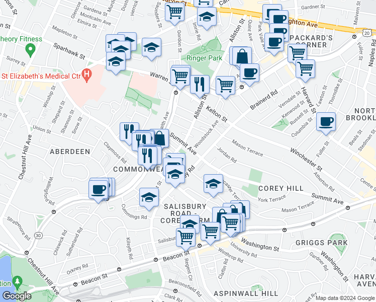 map of restaurants, bars, coffee shops, grocery stores, and more near 4 Woodstock Avenue in Boston