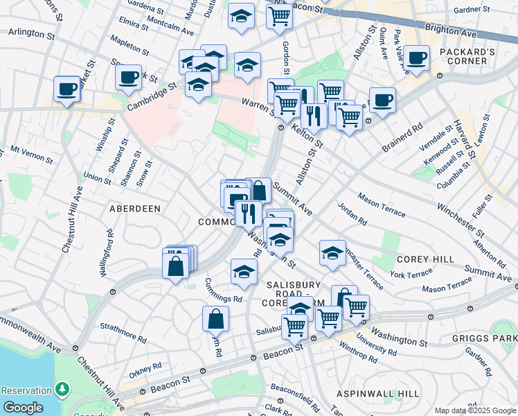 map of restaurants, bars, coffee shops, grocery stores, and more near 1542 Commonwealth Avenue in Boston