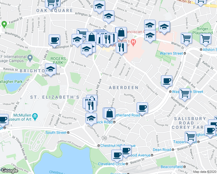 map of restaurants, bars, coffee shops, grocery stores, and more near 30 Blenford Road in Boston