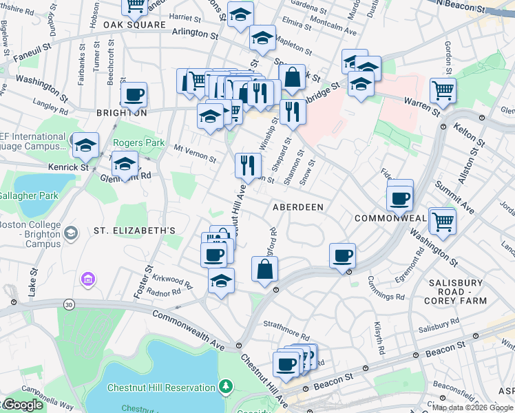 map of restaurants, bars, coffee shops, grocery stores, and more near 8 Priscilla Road in Boston
