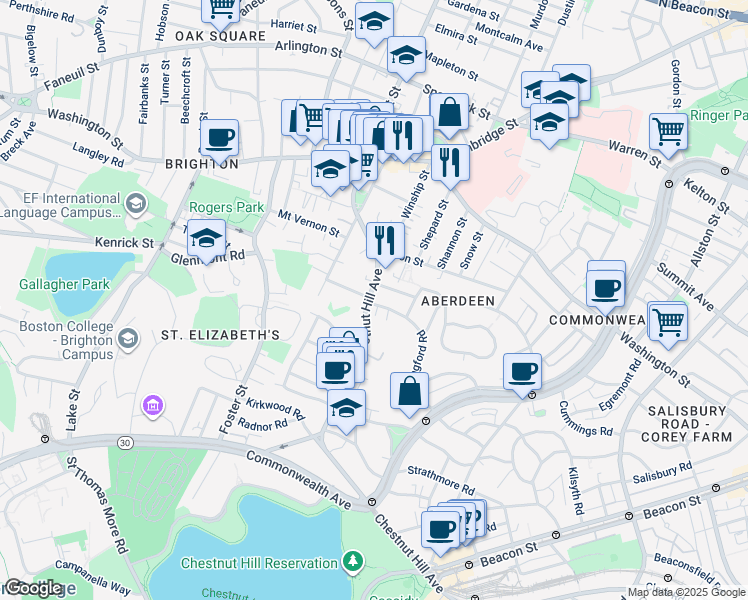 map of restaurants, bars, coffee shops, grocery stores, and more near 8 Priscilla Road in Boston
