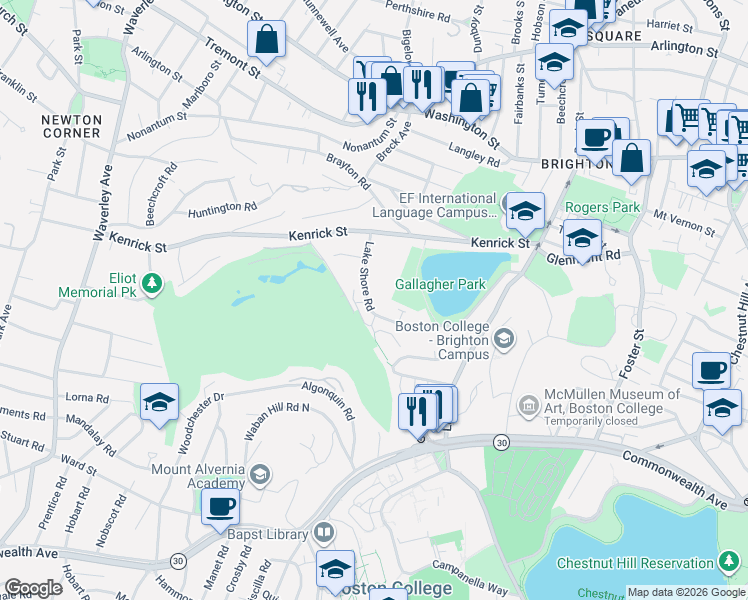 map of restaurants, bars, coffee shops, grocery stores, and more near 185 Lake Shore Road in Boston