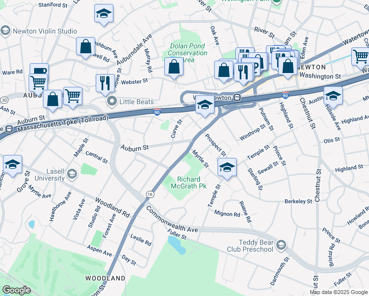 map of restaurants, bars, coffee shops, grocery stores, and more near 1545 Washington Street in Newton