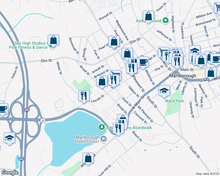 map of restaurants, bars, coffee shops, grocery stores, and more near 24 Cross Street in Marlborough