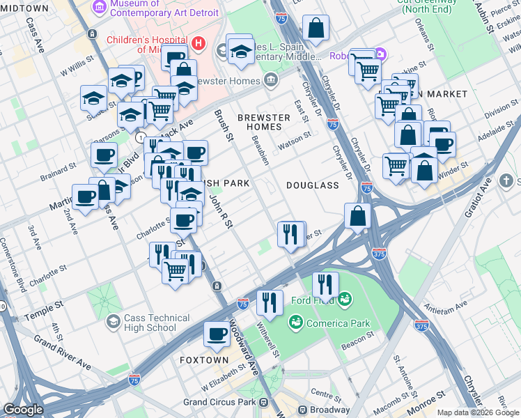 map of restaurants, bars, coffee shops, grocery stores, and more near 2832 Brush Street in Detroit