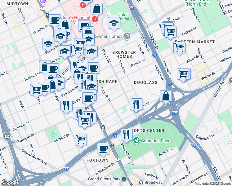 map of restaurants, bars, coffee shops, grocery stores, and more near 266 Edmund Place in Detroit
