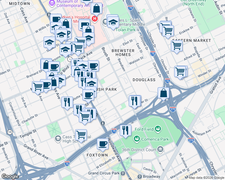 map of restaurants, bars, coffee shops, grocery stores, and more near 266 Edmund Place in Detroit