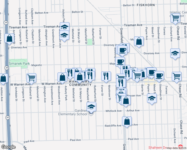 map of restaurants, bars, coffee shops, grocery stores, and more near 7300 Mansfield Street in Detroit