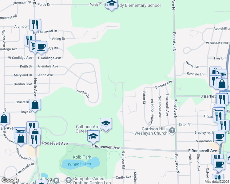 map of restaurants, bars, coffee shops, grocery stores, and more near 639 Eiffel Drive in Battle Creek