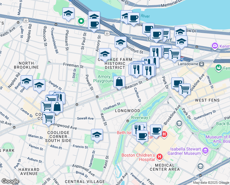 map of restaurants, bars, coffee shops, grocery stores, and more near 1111 Beacon Street in Brookline
