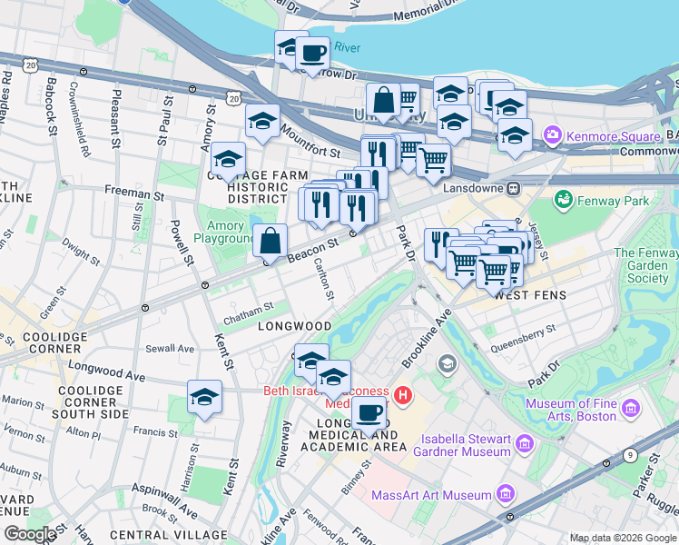 map of restaurants, bars, coffee shops, grocery stores, and more near 57 Monmouth Street in Brookline