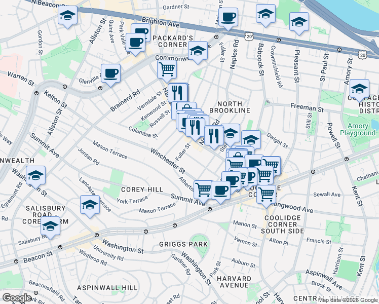 map of restaurants, bars, coffee shops, grocery stores, and more near 404-406A Harvard Street in Brookline