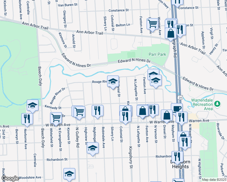 map of restaurants, bars, coffee shops, grocery stores, and more near in Dearborn Heights