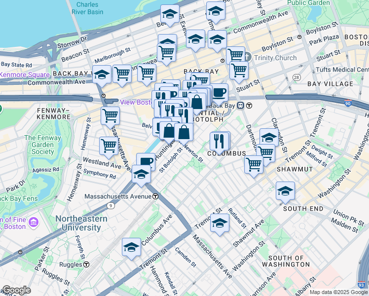map of restaurants, bars, coffee shops, grocery stores, and more near 94 Saint Botolph Street in Boston