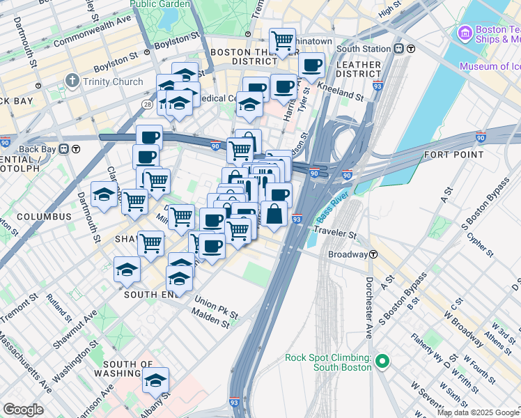 map of restaurants, bars, coffee shops, grocery stores, and more near 32 Traveler Street in Boston