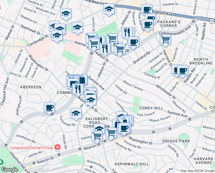 map of restaurants, bars, coffee shops, grocery stores, and more near 246 Corey Road in Boston