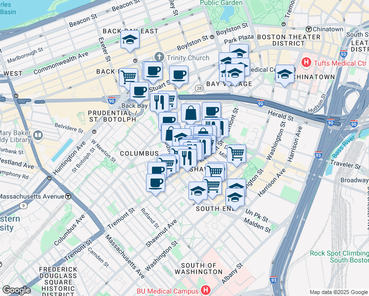 map of restaurants, bars, coffee shops, grocery stores, and more near 90 Warren Avenue in Boston