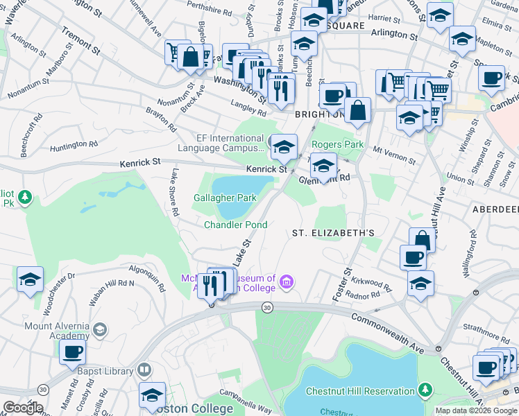map of restaurants, bars, coffee shops, grocery stores, and more near 36 Lake Shore Road in Boston