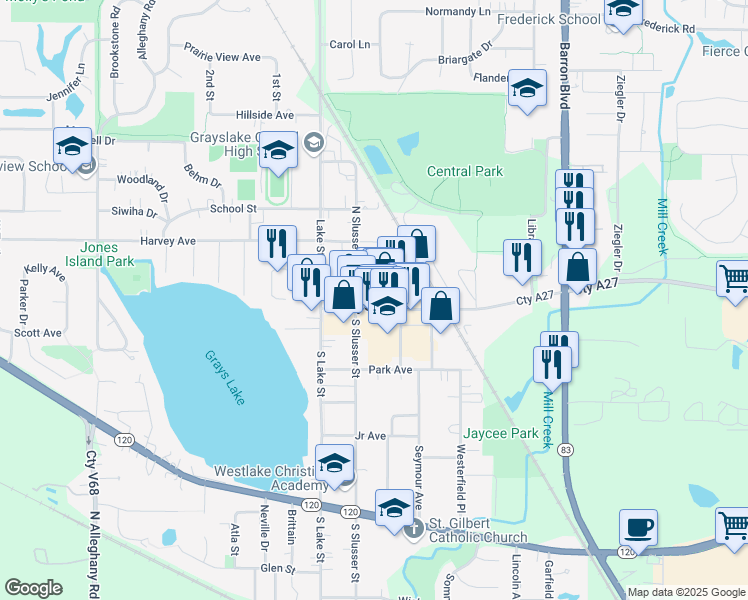 map of restaurants, bars, coffee shops, grocery stores, and more near in Grayslake